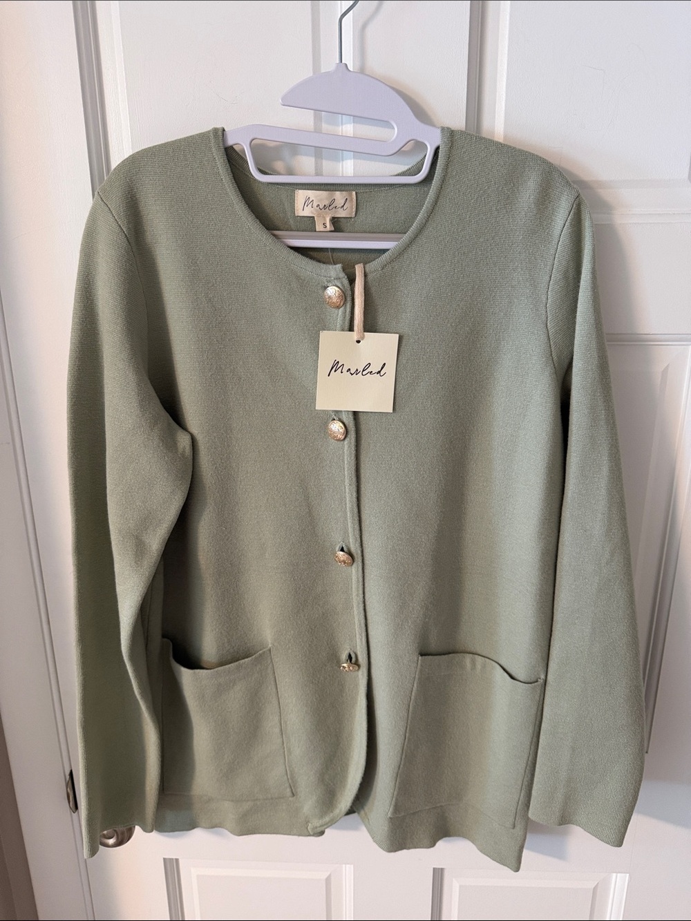 NWT Marled Crewneck Pocket Cardigan Gold Buttons Sage Green Old Money Size Small